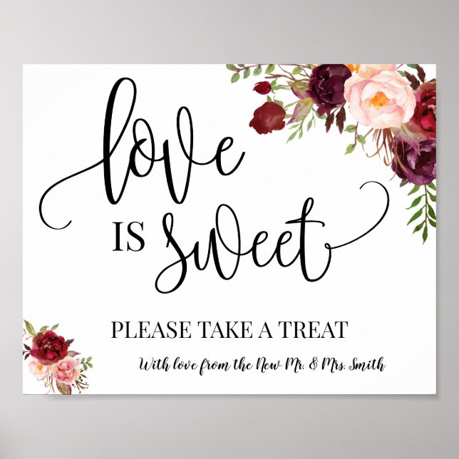 Poster Love is Sweet panneau de table de mariage marsala (Devant)