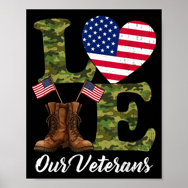 Poster Love Our Veterans Usa Flag Heart Patriotic Army Mi (Devant)
