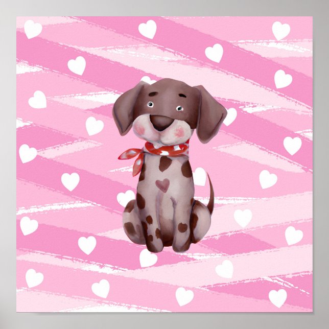 POSTER "LOVE PUPPY" AUX COEURS ROSE ET BLANC (Devant)