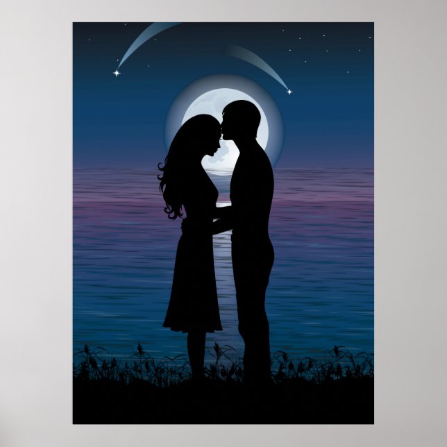 Poster Love Romance Silhouette Couple Sur La Côte Du Lac (Devant)