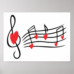 POSTER LOVE SONG MUSIC NOTES CUTE RED BLACK AMIS BLANC