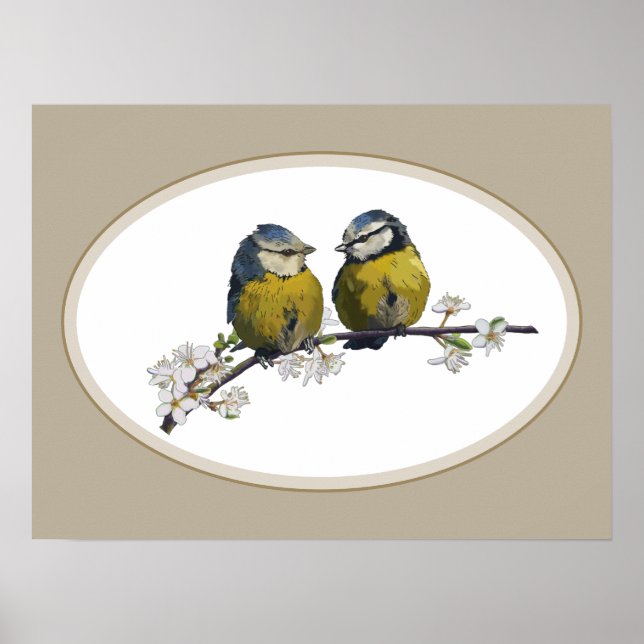 Poster Lovebirds assis sur une branche de fleurs de ceris (Devant)