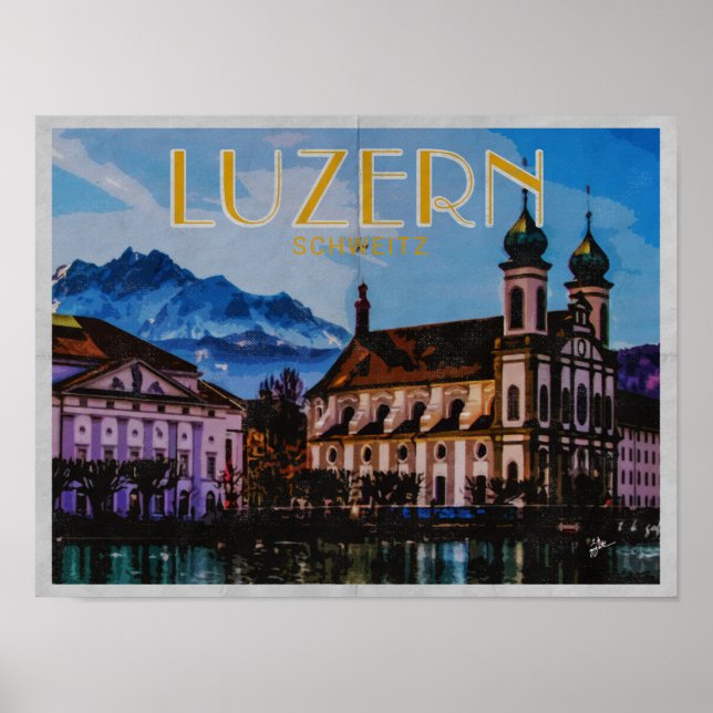 Poster Lucerne Luzern Swiss Distressed Vintage voyage (Devant)