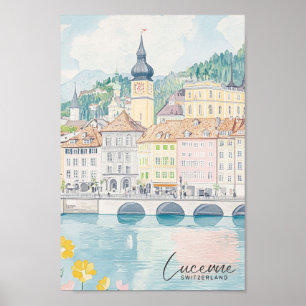 Poster Lucerne Suisse Gouache Illustration Voyage