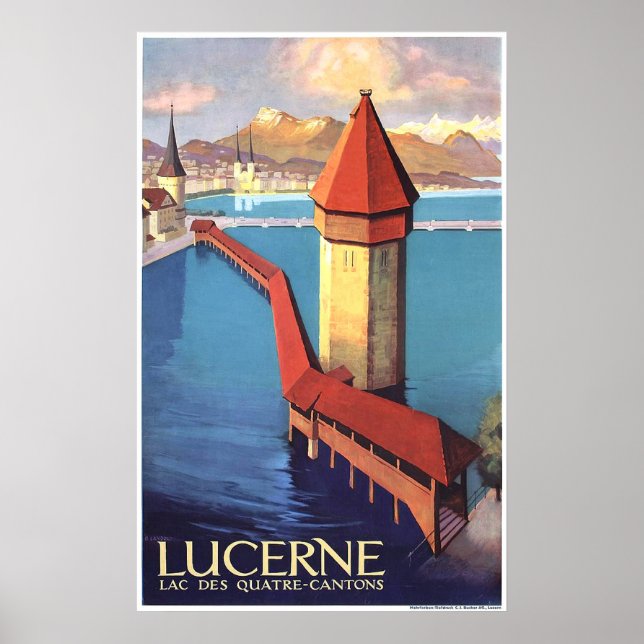Poster Lucerne, Suisse, vue sur le lac et une tour, (Devant)