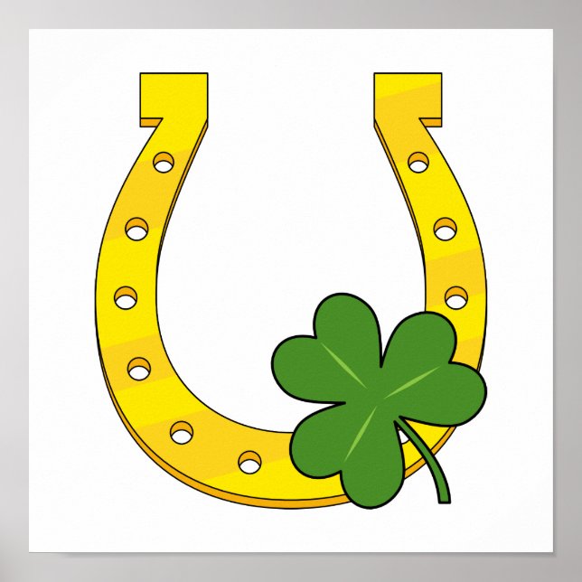 Poster Lucky Golden Horseshoe avec Shamrock en blanc (Devant)