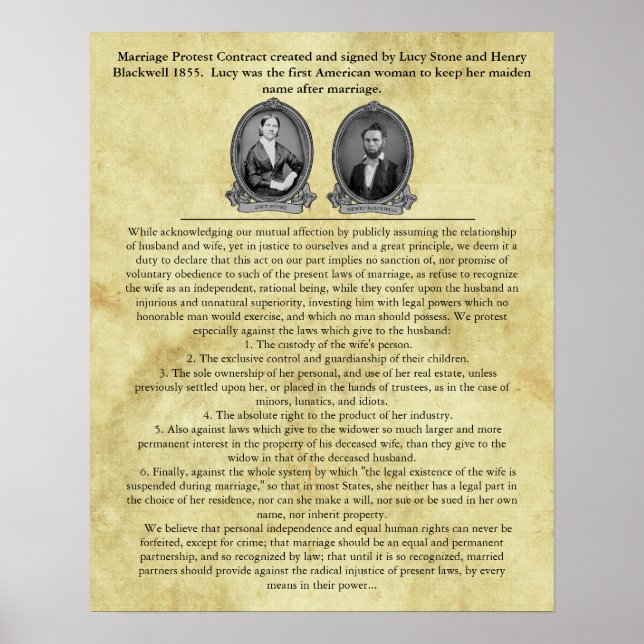 Poster Lucy Stone Mariage Contrat Suffrage Droits Civils (Devant)