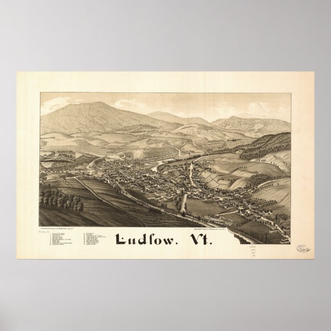 Poster Ludlow Vermont 1885 Antique Carte panoramique (Devant)