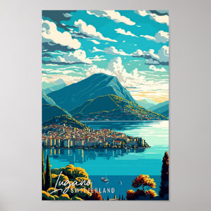 Poster Lugano Suisse Illustration de voyage artisanale