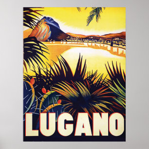 Poster Lugano, Suisse, vue sur la côte, vintage