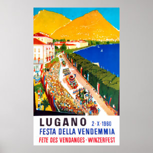 Poster Lugano, vue aérienne. Foule de gens au festival du