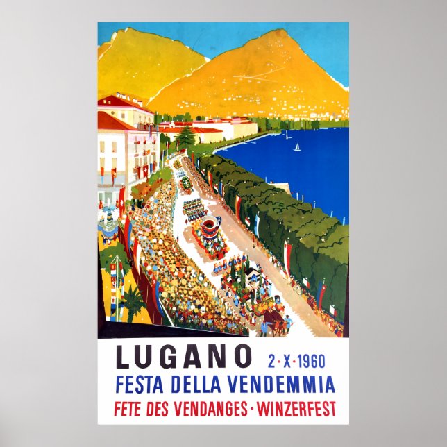 Poster Lugano, vue dégagée. La foule à la fête du vin (Devant)