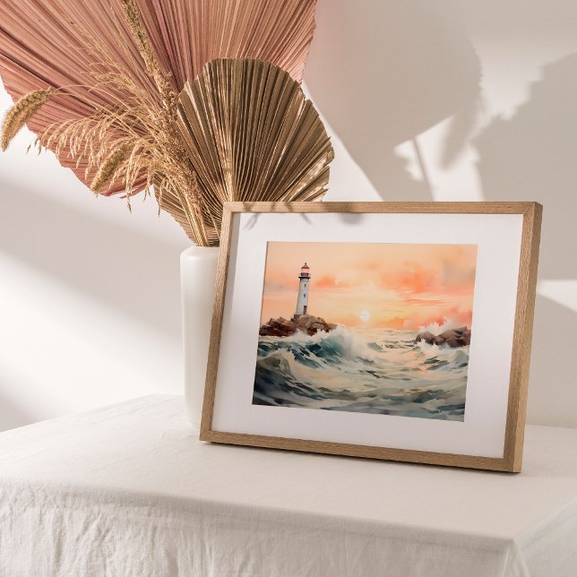 Poster Lumière de guidage : Aquarelle de phare (Embark on a coastal charm journey with a captivating watercolor painting.)