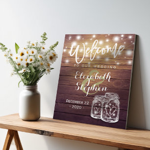Poster Lumière de mariage de pot de maçon en bois rustiqu