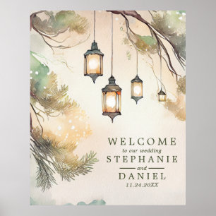 Poster Lumières de lanterne botanique d'arbre rustique de