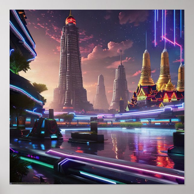 Poster Lumières de néon vibrantes de Cyberpunk Bangkok (Devant)