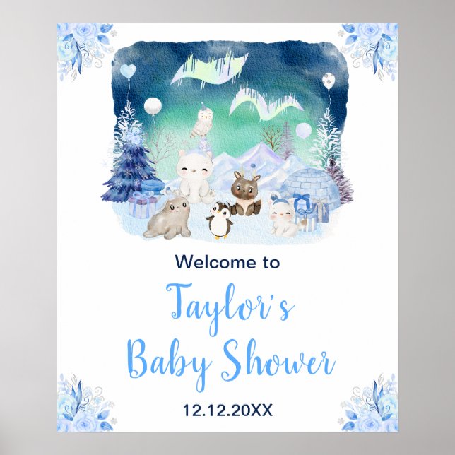 Poster Lumières du Nord Animaux de l'Arctique Baby shower (Devant)