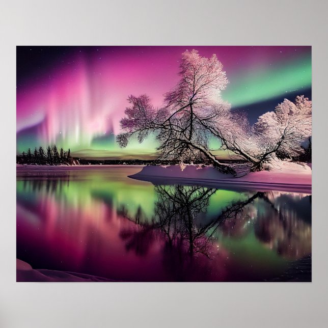 Poster Lumières du Nord et lac paisible (Devant)