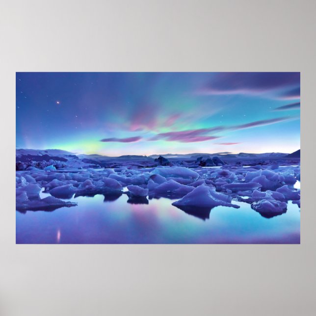 Poster Lumières du Nord sur le lac Jokulsarlon, Islande (Devant)