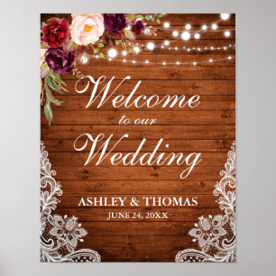 Poster Lumières en bois rustique mariage Dentelle Bourgog