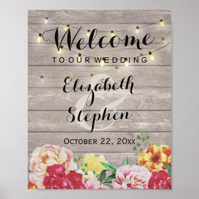 Poster Lumières Guinguette Chic Panneau de Mariage Floral (Devant)