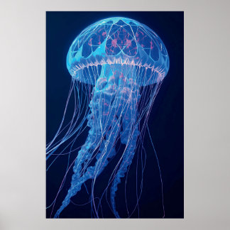 Poster Luminous Blue Jellyfish Glowing Ocean Spirit