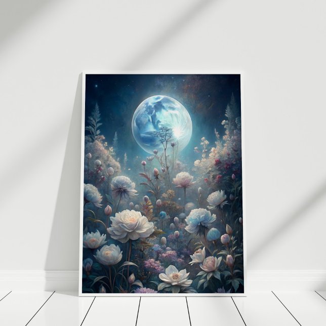Poster Lunar Bloom - Pleine lune et Fleur sauvage Garden  (Lunar Bloom – Full Moon and Wildflower Garden Art Poster in a white wooden frame)