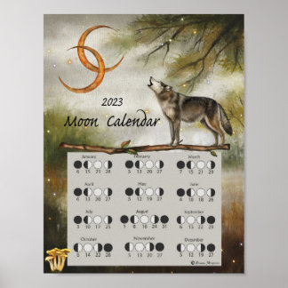 Poster LUNAR CALENDAR 2023, Wolf Moon Dark Forest, Wicca