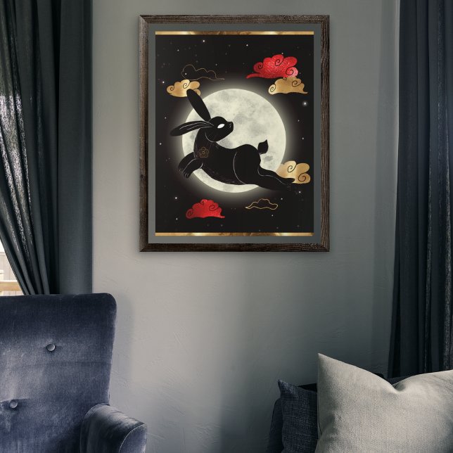 Poster Lune Année Lunaire Du Lapin Noir Rouge Or (Créateur téléchargé)