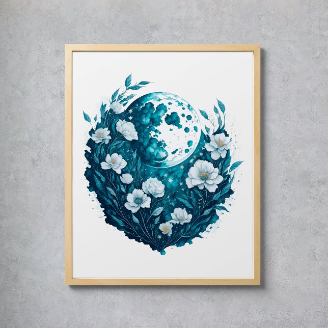Poster Lune aquarelle étoiles célestes fleurs (Watercolor Moon Celestial Stars Flowers Poster
)