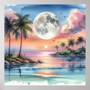 Poster Lune au-dessus de la mer et de l'île tropicale aqu