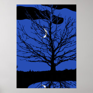Poster Lune avec arbre, Bleu Cobalt, Noir et Blanc