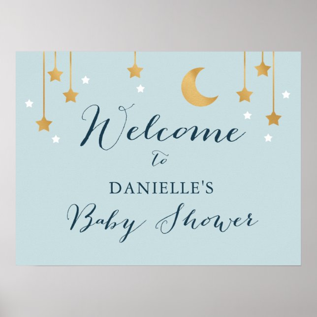 Poster Lune bleue et étoiles, panneau baby shower (Devant)