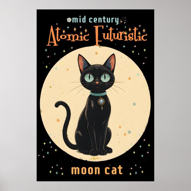 Poster Lune de chat noir atomique futuriste avec texte (Devant)