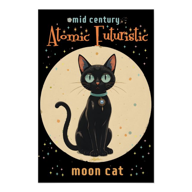 Poster Lune de chat noir atomique futuriste avec texte (Devant)