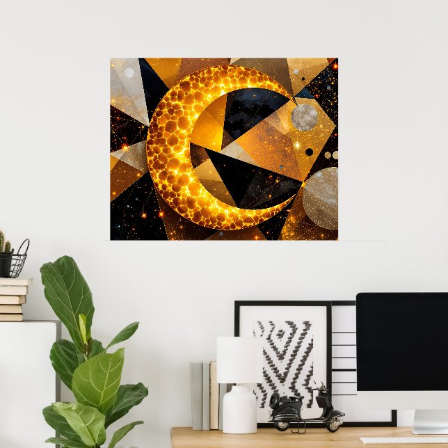 Poster Lune de croissant d'or avec étoiles géométriques c (Bureau à domicile)
