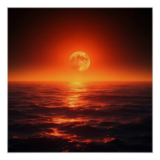 Poster Lune de feu sur l'océan Calme Imaginaire coucher d