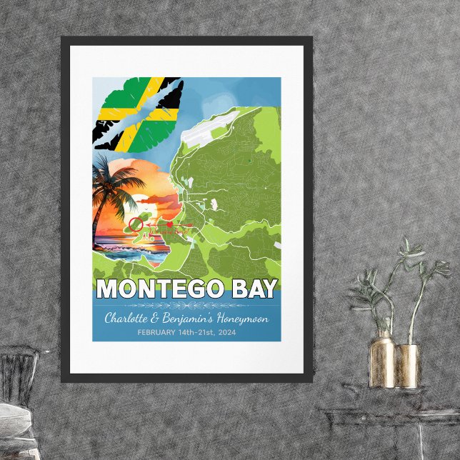 Poster Lune de miel romantique Montego Bay Jamaïque Carte (Montego Bay Jamaica Romantic Honeymoon Poster - Sketch Mockup)