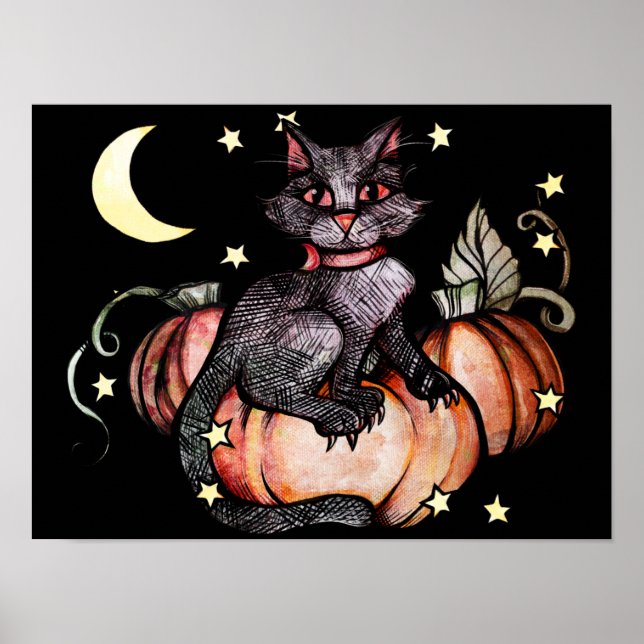 Poster Lune de patchs Citrouille de chat noir (Devant)