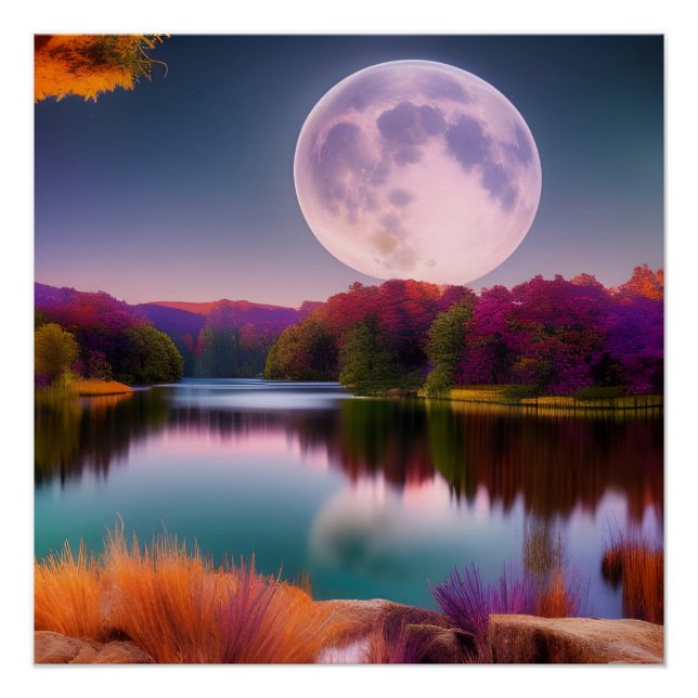 Poster Lune de récolte d'automne violet (Devant)