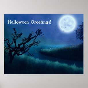Poster Lune d'Halloween à la nuit dans les tons bleu et v