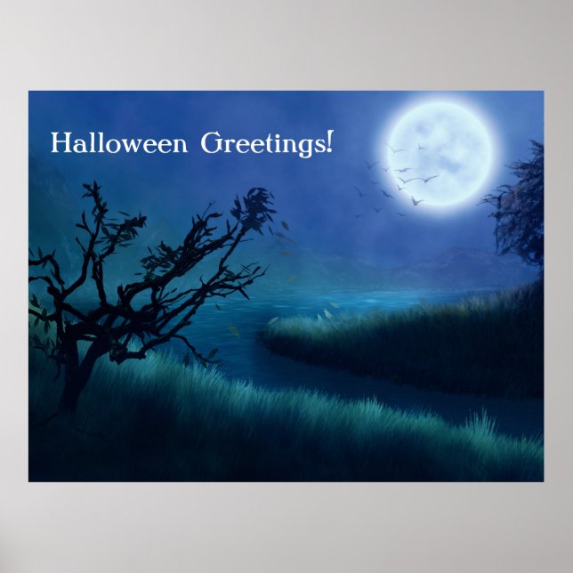 Poster Lune d'Halloween à la nuit dans les tons bleu et v (Devant)