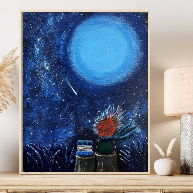 Poster Lune et étoiles Peinture Marine Bleu Lecture Art (Créateur téléchargé)