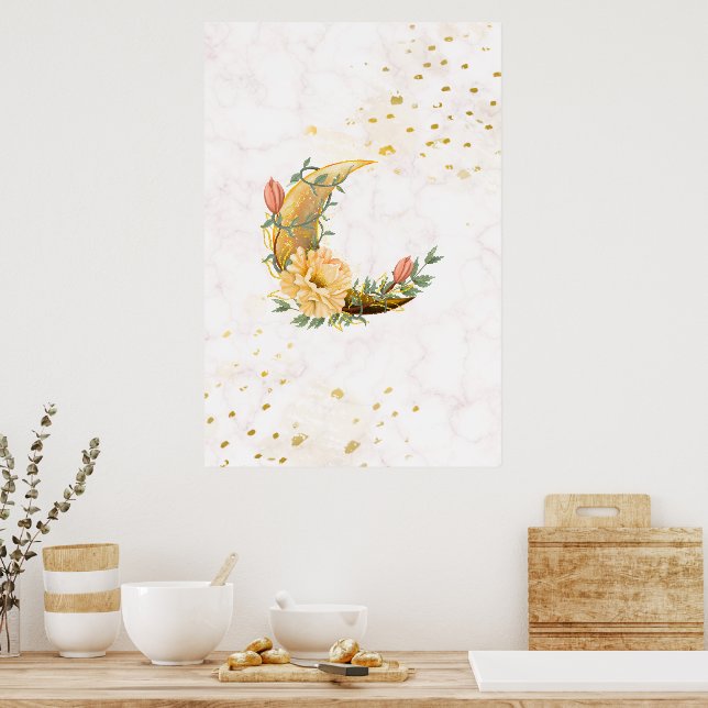 Poster Lune florale, Graphique beige et jaune (Cuisine)