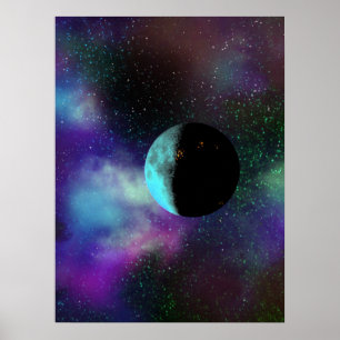 Poster Lune habitée parmi les nébuleuses pourpres vertes