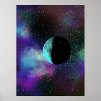 Poster Lune habitée parmi les nébuleuses pourpres vertes