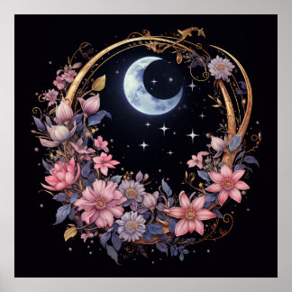 Poster Lune mystique et fleurs