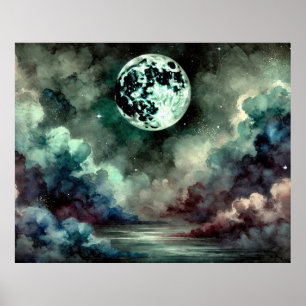 Poster Lune Mystique Nuages Cosmiques dans un Ciel Noctur