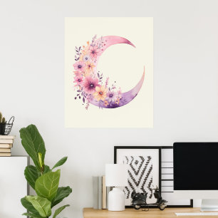 Poster Lune rose Croissant avec de jolies fleurs
