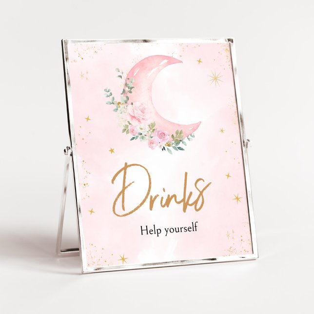 Poster Lune rose et étoiles Boissons Baby showers (Twinkle Little Star Baby Shower Drinks Sign)